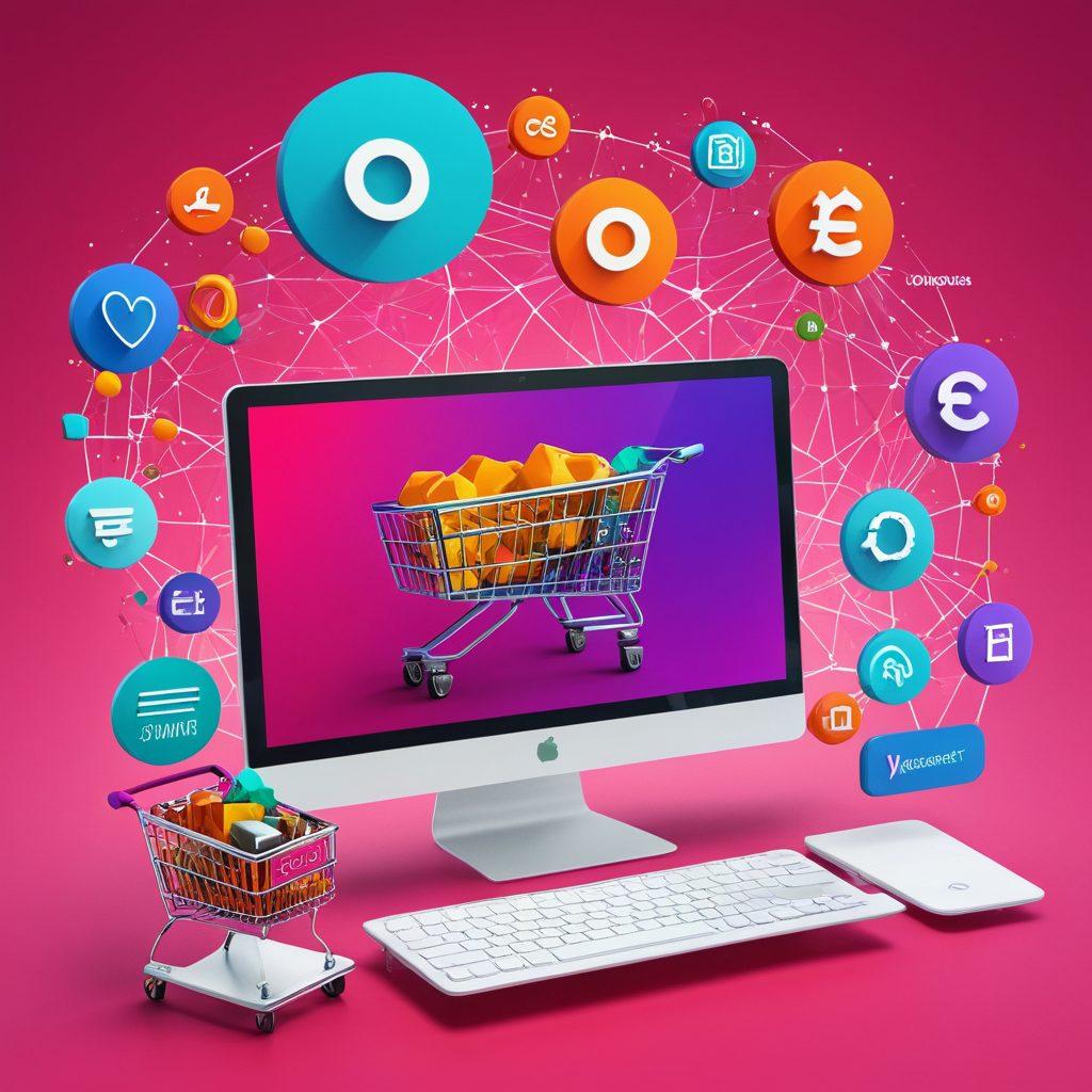 A bustling e-commerce marketplace with sleek user interfaces and shopping carts, featuring SEO elements like graphs and keywords interwoven with currency symbols and satisfied customers. A vibrant, interconnected web symbolizing online success and growth centered around the brand 'Odiosas'. super-realistic. vibrant colors. futuristic design.
