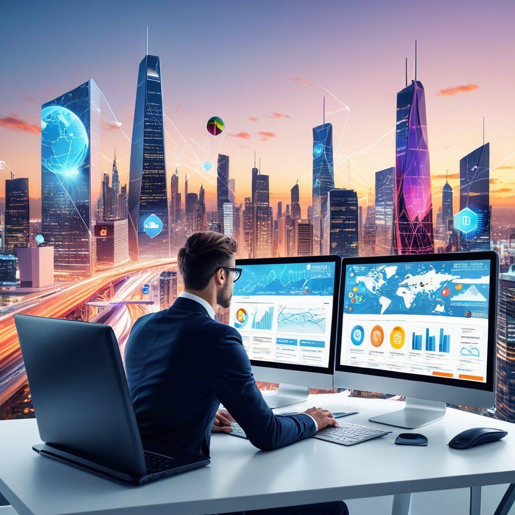 A modern, sleek office space with digital devices, a laptop displaying a vibrant website, and a professional analyzing web traffic on a large screen. Subtle icons of SEO, analytics, and social media floating around. A backdrop of a cityscape symbolizing global reach. super-realistic. vibrant colors. white background.
