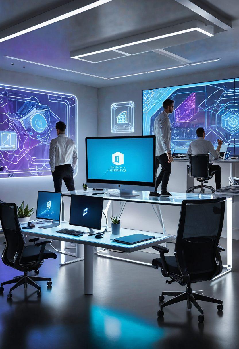 A sleek modern office with creative professionals collaborating over futuristic digital designs, showcasing innovative website layouts and cutting-edge development tools. Emphasize a stylish and vibrant color palette with screens displaying dynamic branding elements. Add subtle elements of progress and technology like floating holograms or digital blueprints. super-realistic. vibrant colors. high-tech aesthetic.